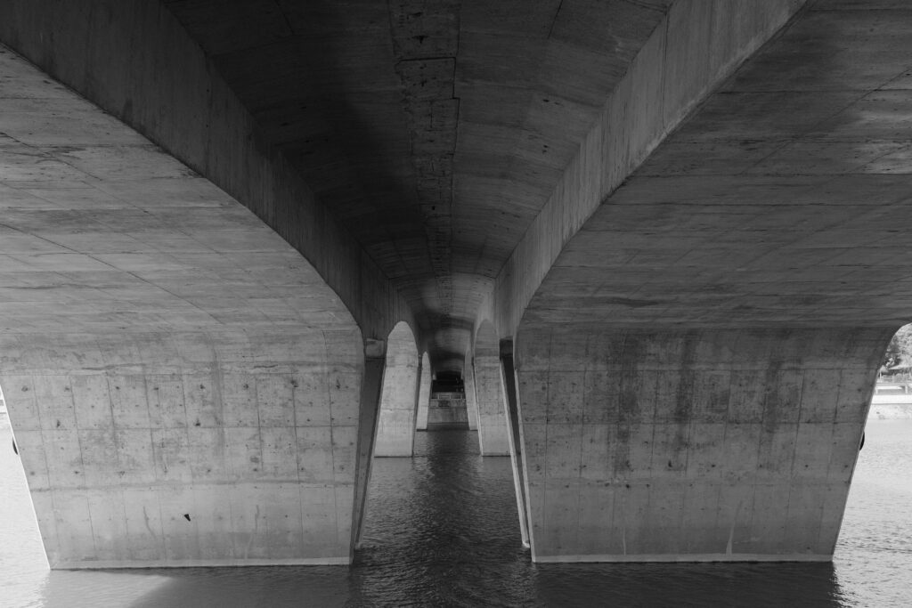 Monochrome view of bridge pillars and water underpass in urban landscape.